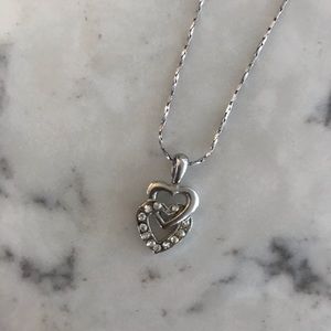 Silver rhinestone double heart charm necklace
